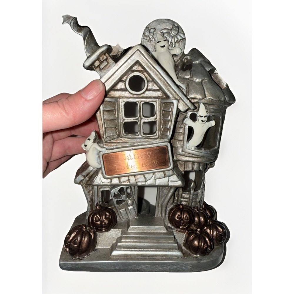 Silver Cast Metal Haunted House Tea Light Holder Halloween Ghost Pumpkin Decor